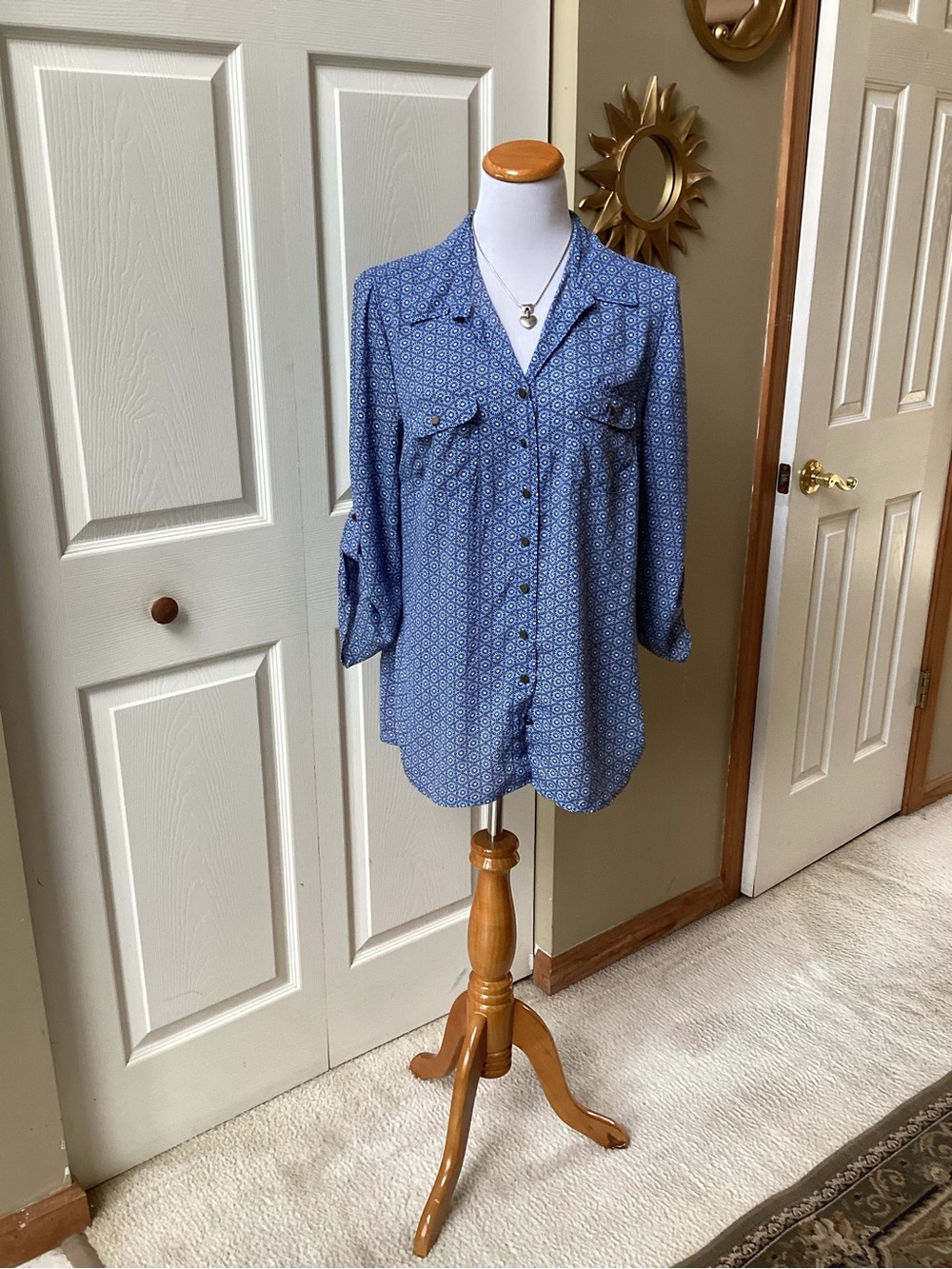 dressbarn Blue Geometric Print Button-Down Shirt